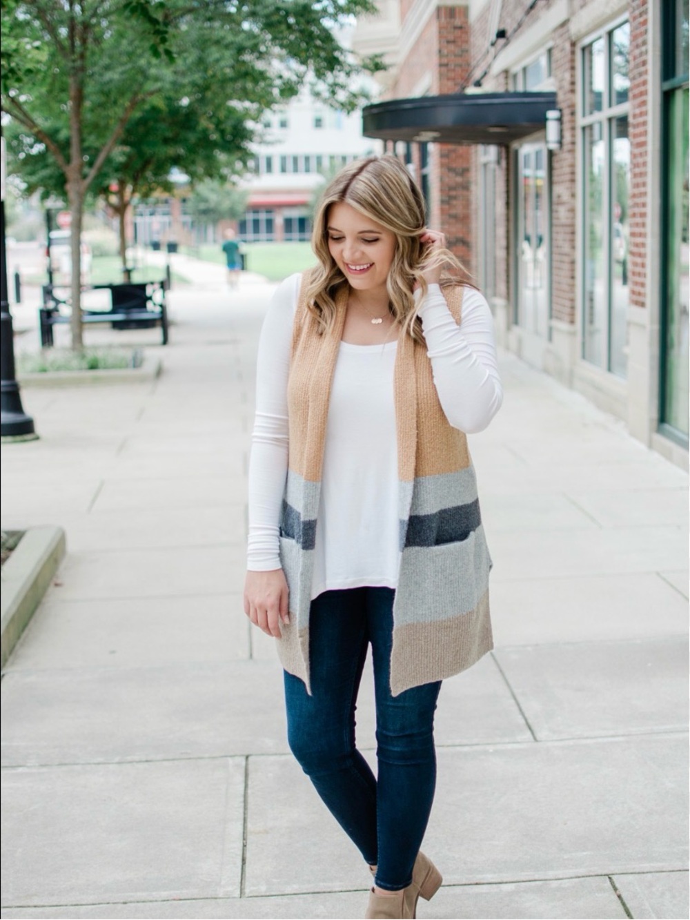 LOFT Beige, Gray and Charcoal Open-Front Colorblock Sweater Vest